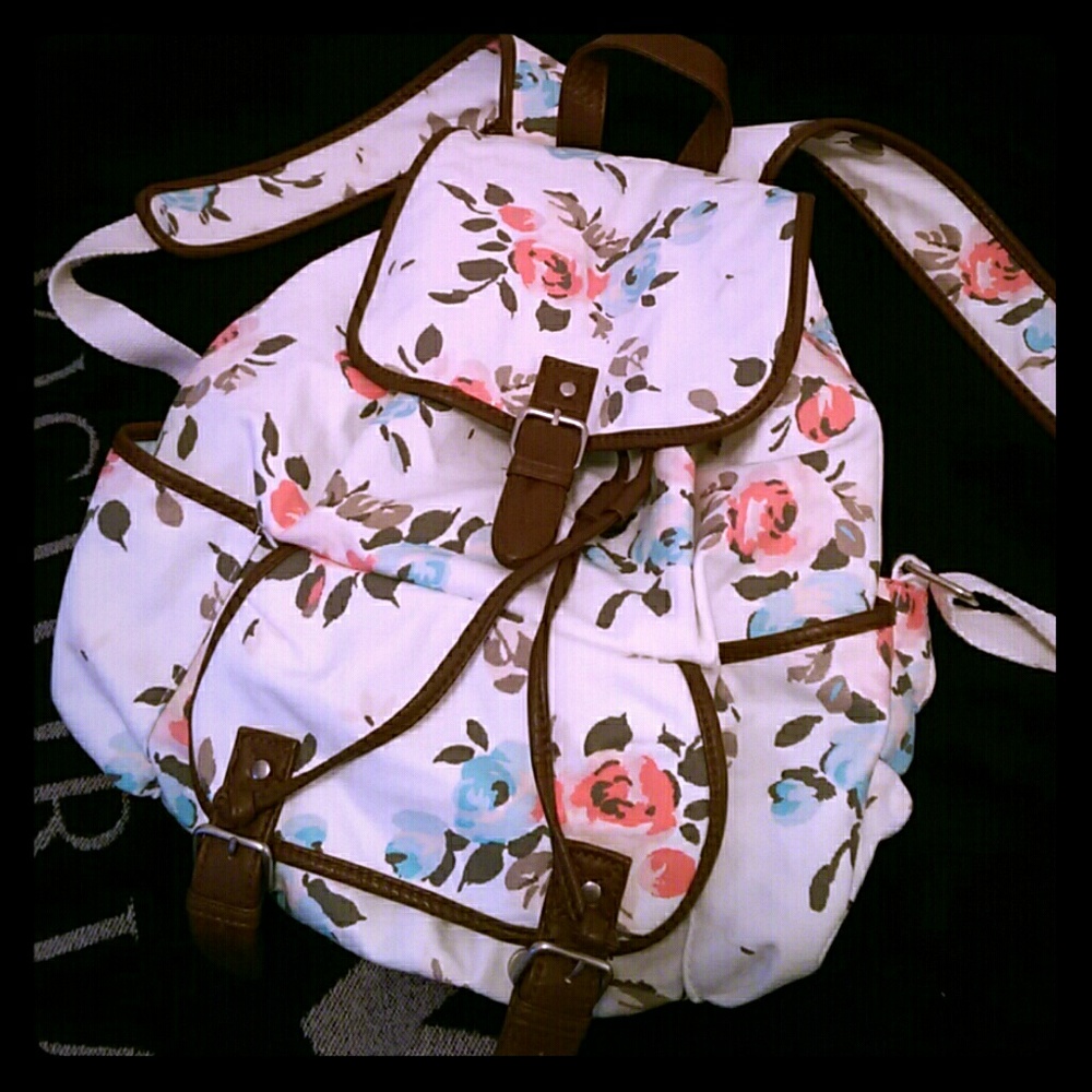 Large canvas and leather rose print backpack
